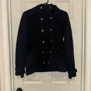 Iris Black Double-Breasted Hooded Pea Coat Size L